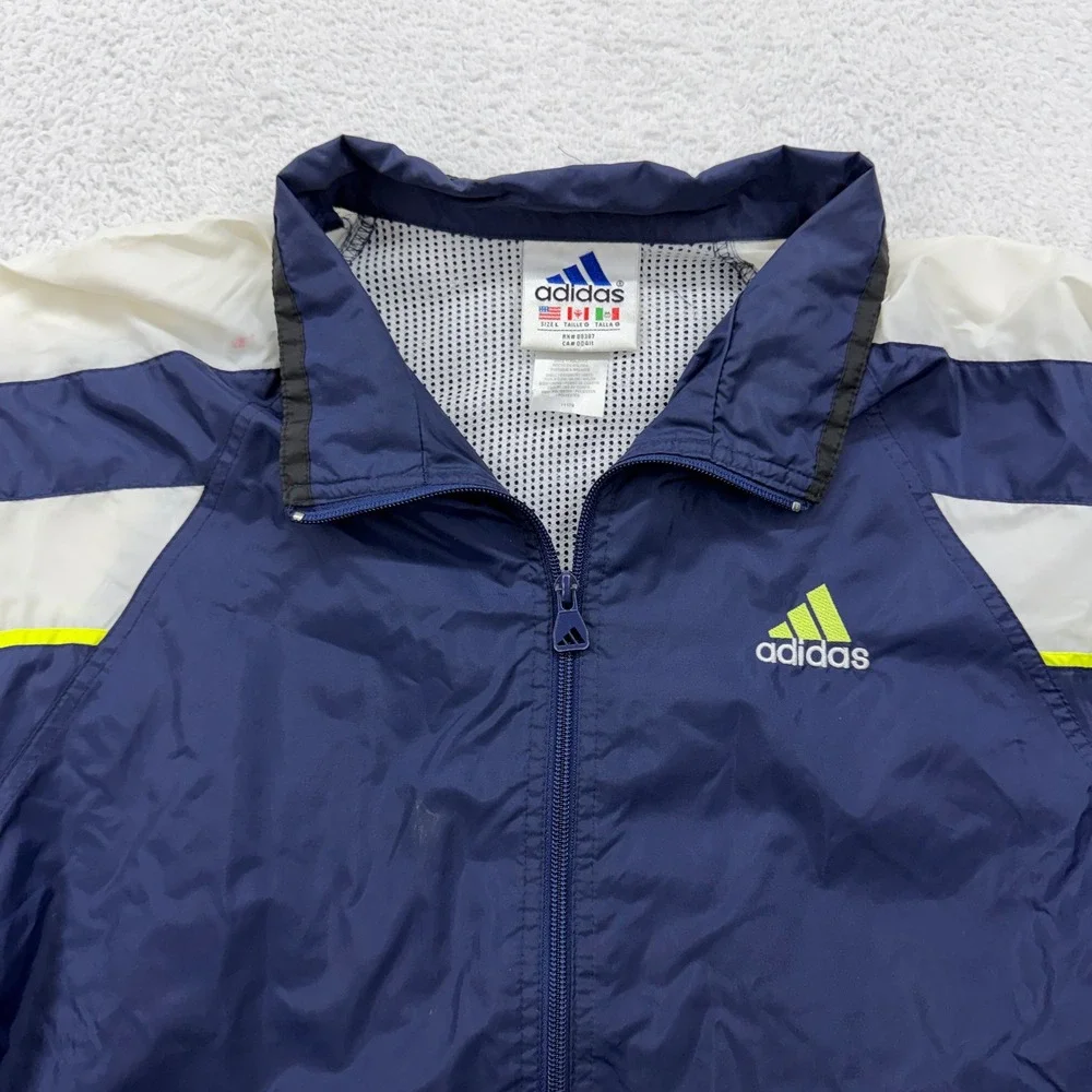 Vintage Adidas Windbreaker Jacket Mens Large Navy Blue White Neon Full Zip‎ 90s